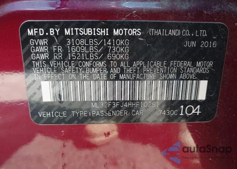 2017 Mitsubishi Mirage G4 Es from USA, damaged, VIN ML32F3FJ4HHF10251